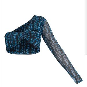 Blue Croc Printed Mesh Knot Front One Shoulder